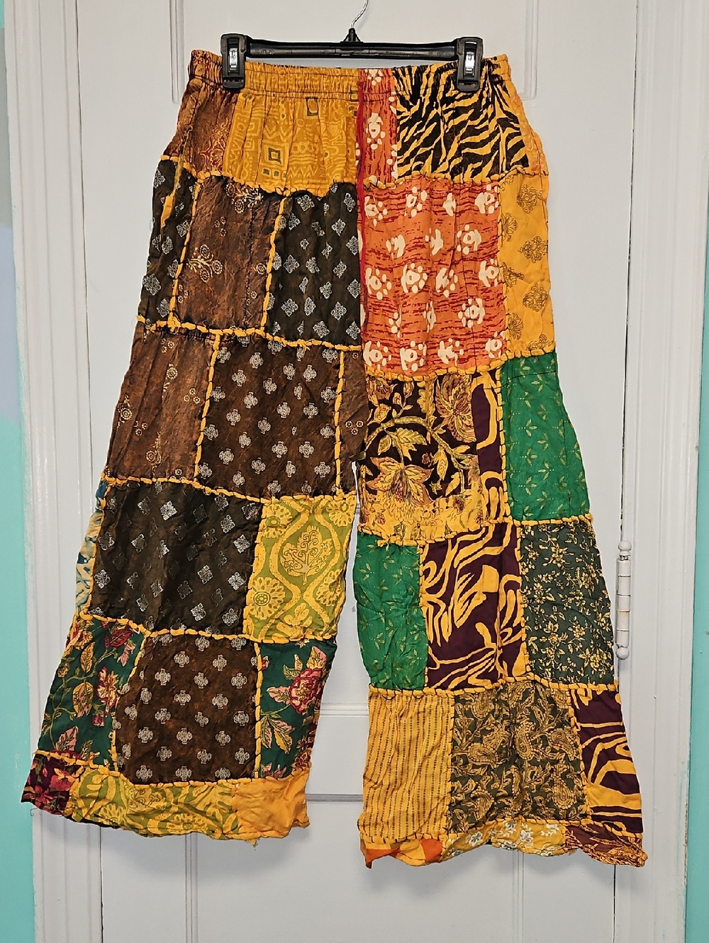 Bohemian Patchwork Wide-Leg Pants in Mustard, Green, Brown